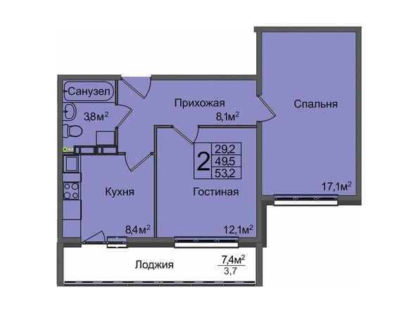 2-комнатная 53,2 кв.м