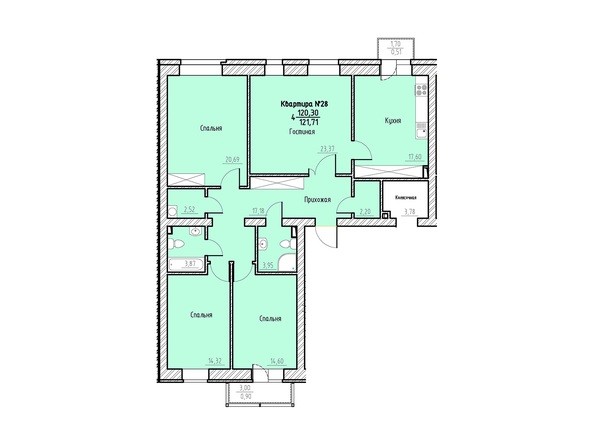 Планировка четырехкомнатной квартиры 121,71 кв.м