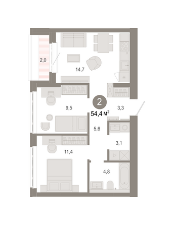 Планировка 2-комн 54,39 - 55,52 м²