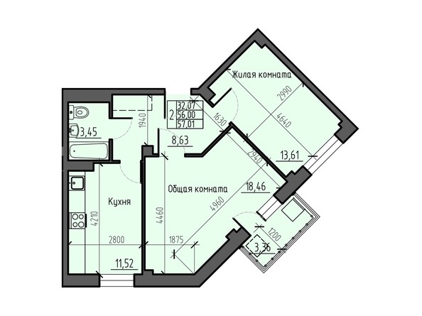 Планировка двухкомнатной квартиры 57,01 кв.м