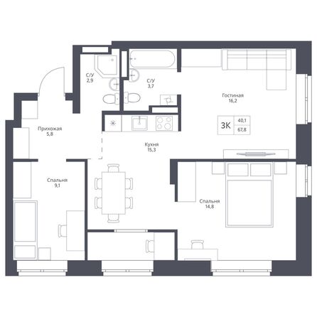 Планировка 3-комн 67,8 м²