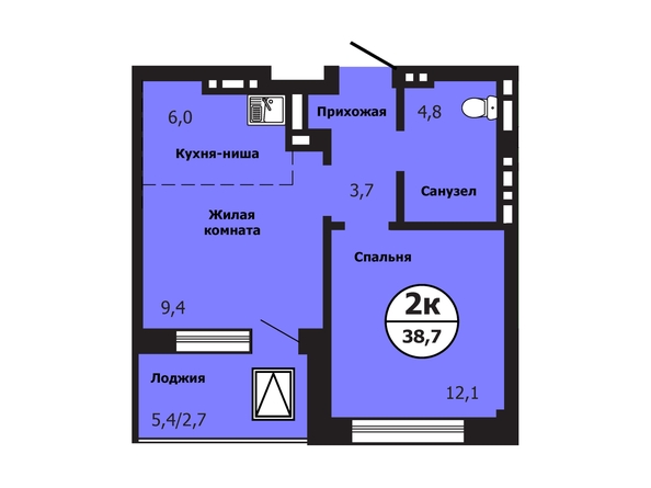 Планировка 2-комн 38,7 м²