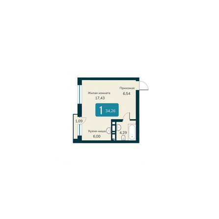 Планировка 1-комн 34,26 - 34,91 м²