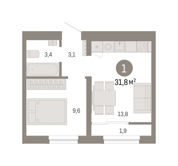 Планировка 1-комн 31,78, 31,99 м²