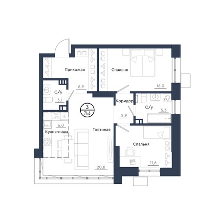 Планировка 3-комн 74,6 м²