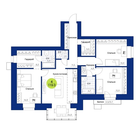 Планировка 4-комн 119 м²