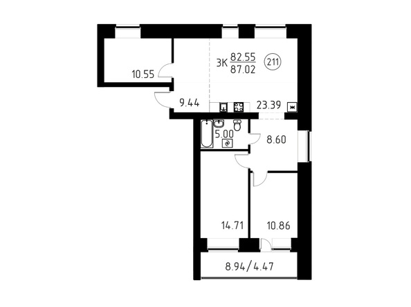 Планировка 3-комн 87,02 м²