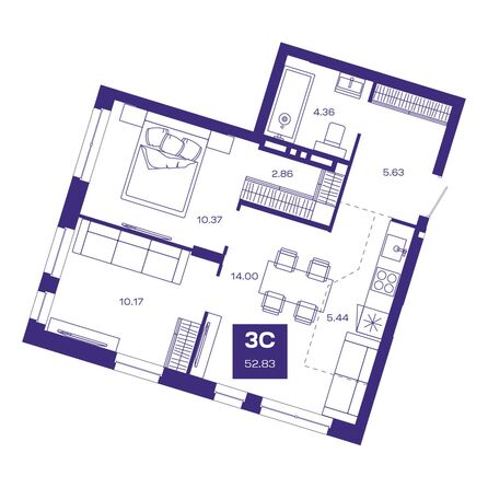 Планировка 3-комн 52,83 м²