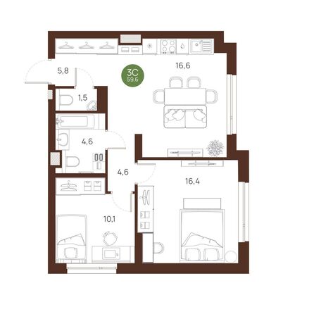 Планировка 3-комн 59,6, 59,9 м²