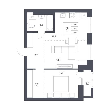 Планировка 2-комн 55,8 м²