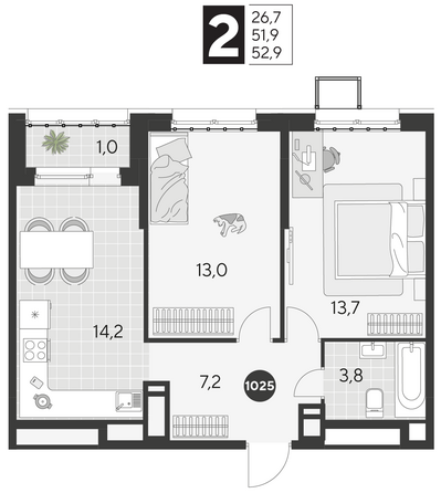 Планировка 2-комн 52,9 м²