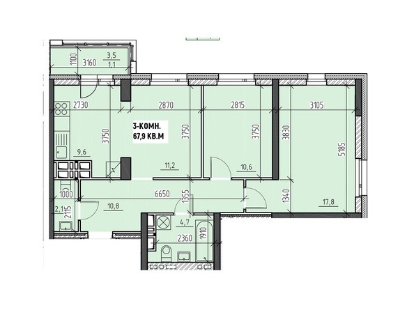 Планировка трехкомнатной квартиры 67,9 кв.м