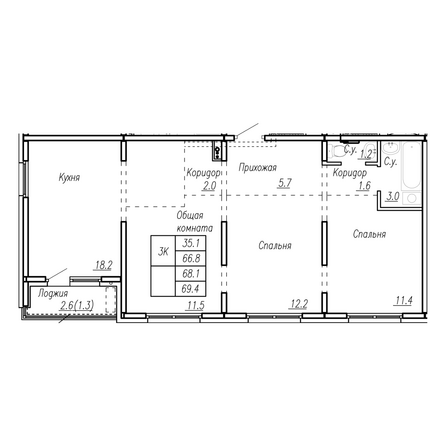 Планировка 3-комн 68,1 м²