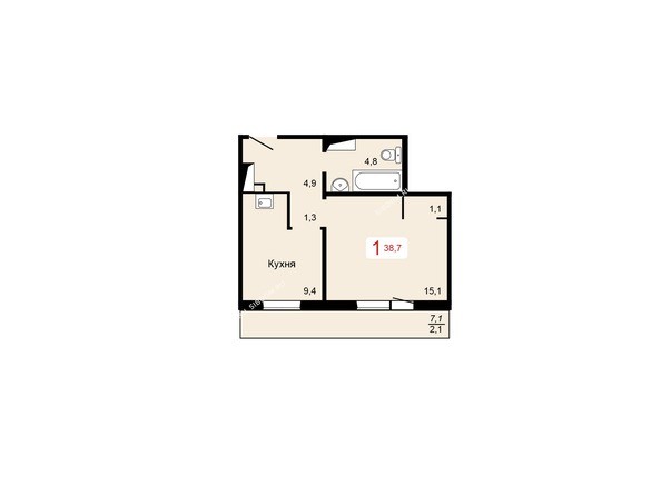 1 блок-секция. Планировка однокомнатной квартиры 38,7 кв.м