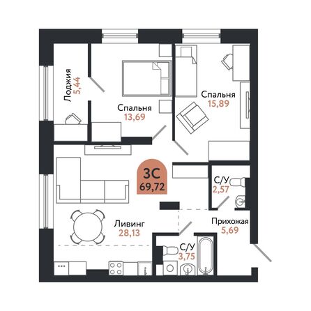 Планировка 3-комн 68,94 - 69,72 м²