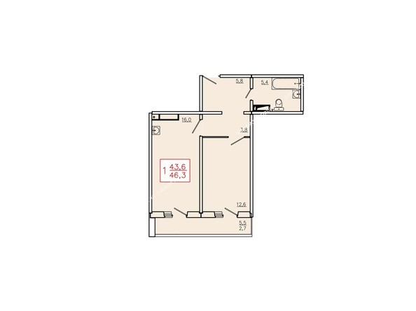Планировка однокомнатной квартиры 46,3 кв.м. Этаж 17
