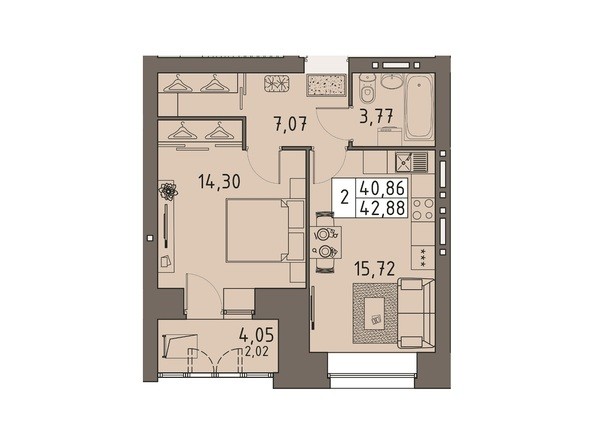 1-комнатная 42,88 кв.м