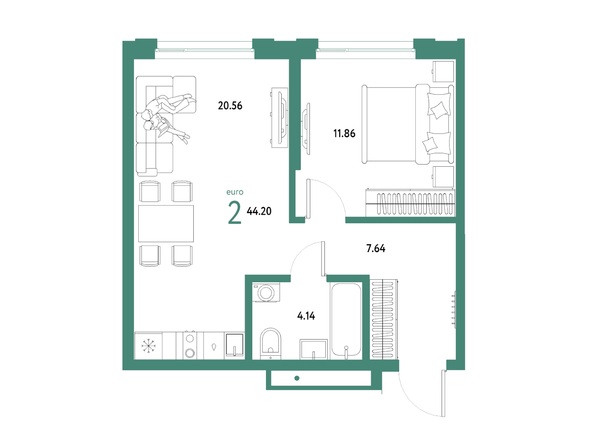 Планировка 2-комн 44,2 м²