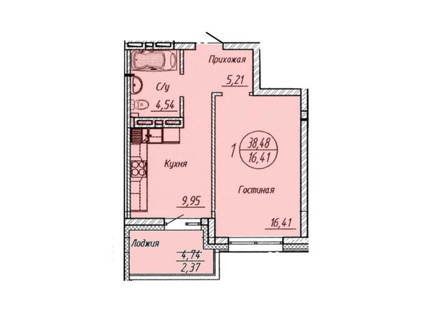 Планировка 1-комнатной квартиры 38,48 кв.м