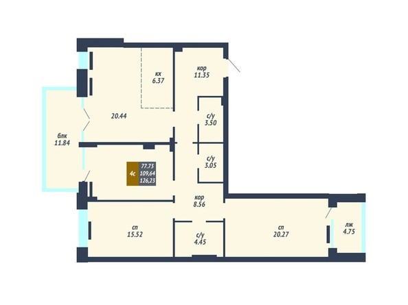 Планировка 4-комнатной квартиры 109,64-109,68 кв.м