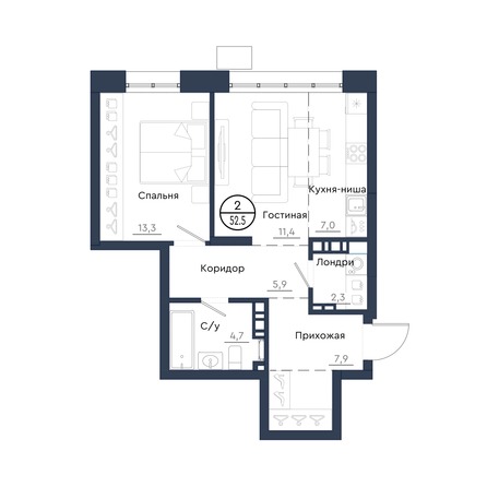 Планировка 2-комн 52,5 м²