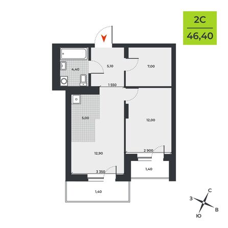 Планировка 2-комн 46,4 м²