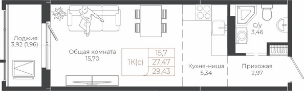 Планировка 1-комн 29,43 м²