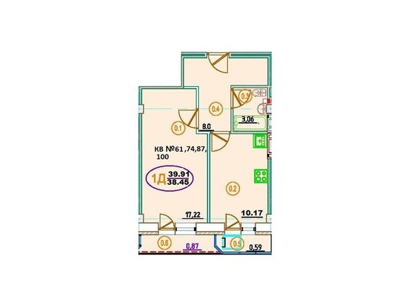 Планировка 1-комнатной квартиры 39,91 кв.м