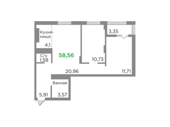 Планировка трехкомнатной квартиры 58,56 кв.м