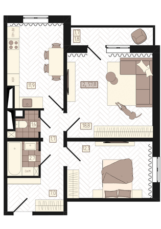 Планировка 2-комн 57,8 м²
