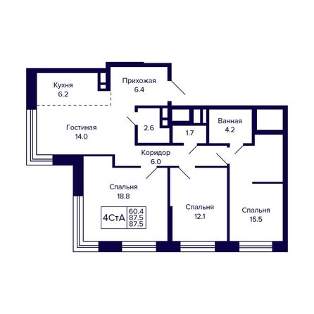 Планировка 4-комн 87,5 м²