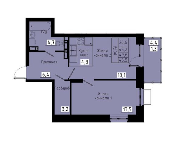 Планировка 2-комн 46,5 м²