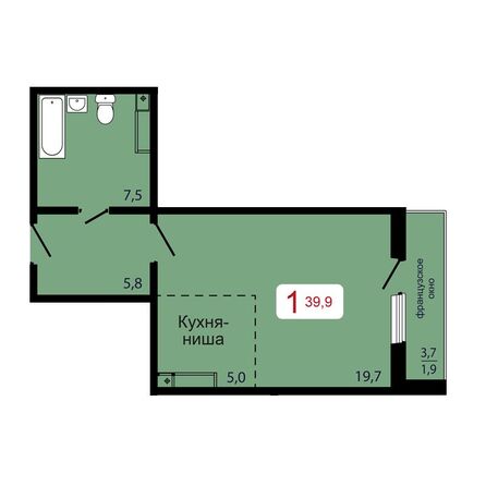 Планировка 1-комн 39,9 м²