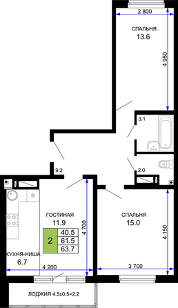 Планировка 2-комн 63,7 м²