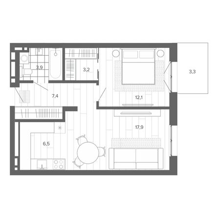Планировка 2-комн 54,57 м²
