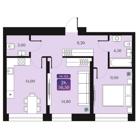 Планировка 2-комн 58,5 м²