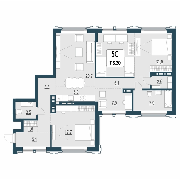 Планировка 5-комн 118,2 м²