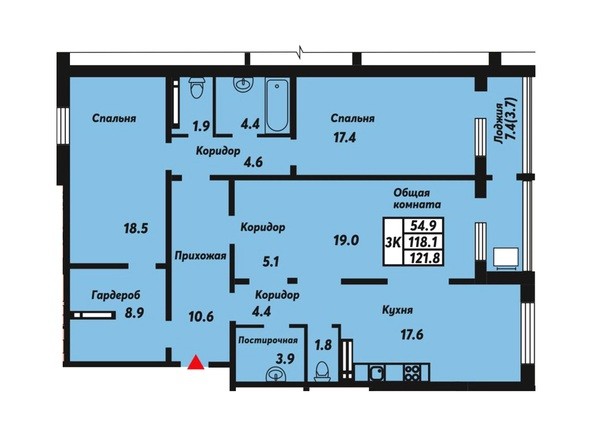 Планировка 3-комнатной квартиры 121,8 кв.м