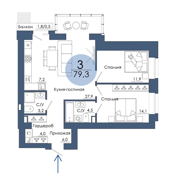 Планировка 3-комн 79,3 м²