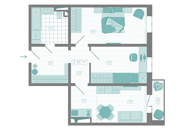 Планировка 3-комн 65,7 м²