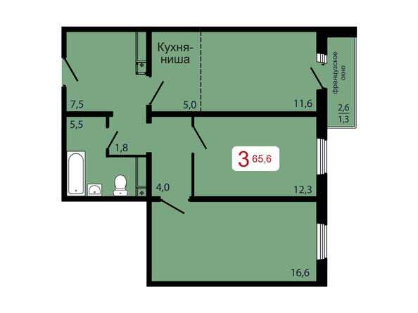 Планировка 3-комн 65,6 м²