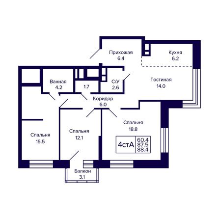 Планировка 4-комн 88,4 м²