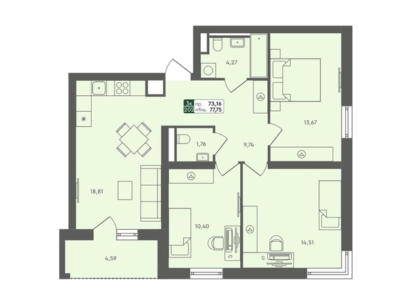 Планировка 3-комн 77,75, 77,89 м²