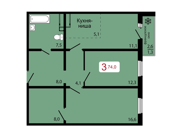 Планировка 3-комн 74 м²