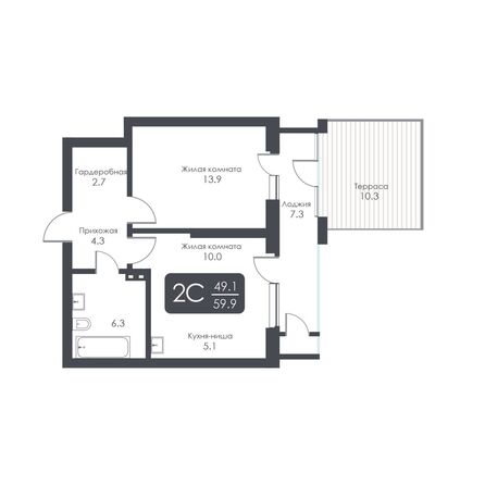 Планировка 2-комн 49,1 м²