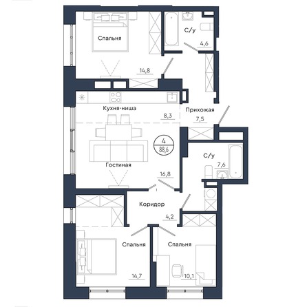 Планировка 4-комн 88,6, 88,7 м²