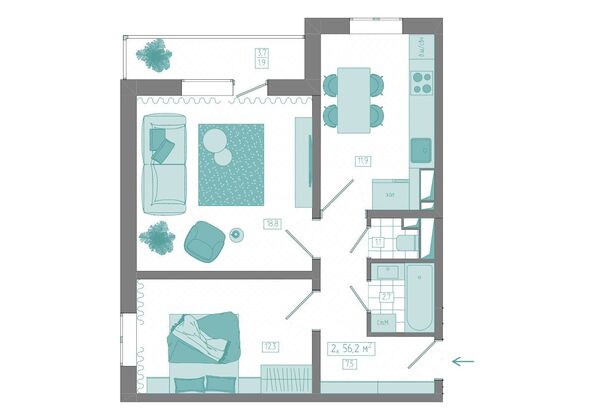 Планировка 2-комн 56,2 м²
