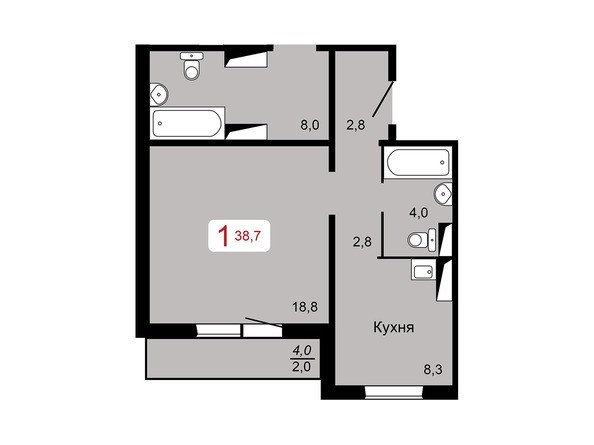 1-комнатная 38,7 кв.м