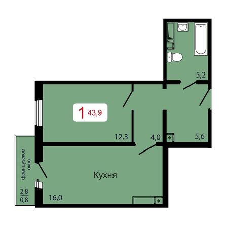 Планировка 1-комн 43,9 м²