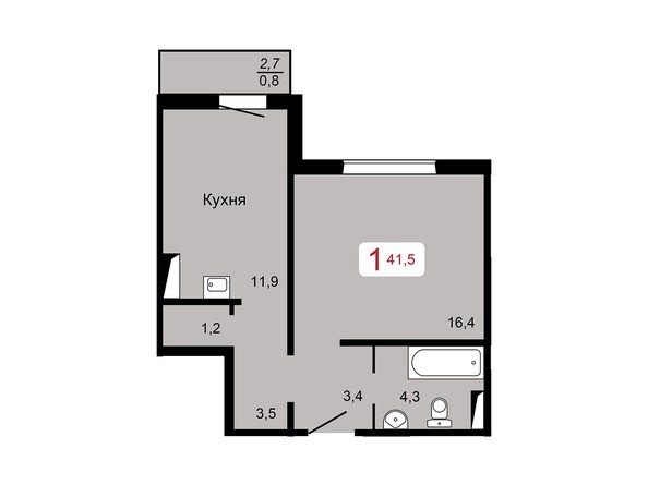 1-комнатная 41,5 кв.м